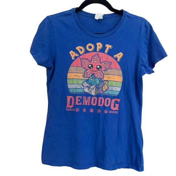 Port & Company Women's Blue Stranger Things "Adopt a Demodog" T Shirt Size S - Picture 1 of 5